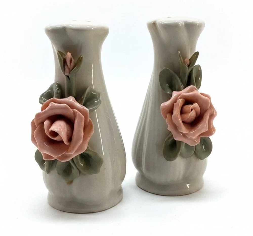 Vintage Pink Rose Salt Pepper Shakers Ceramic Floral Cottagecore Shabby Chic